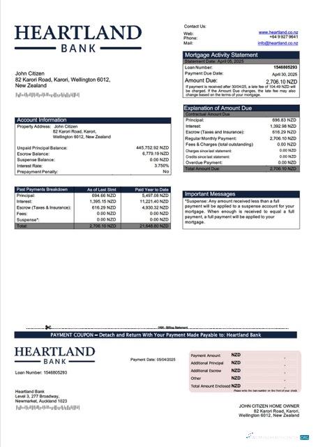 Download New Zealand Heartland Bank mortgage statement Word and PDF template Photoshop template